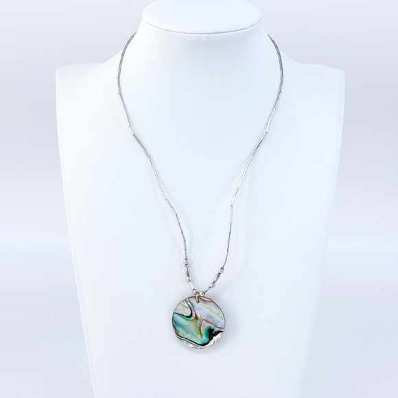 Tightly Strung Vintage Sterling Liquid Silver 925 Abalone Pendant Necklace 16" - Picture 1 of 4